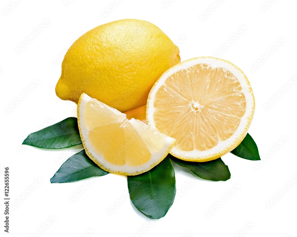 Fresh lemon citrus fruit with cut and green leaves isolated on white background.