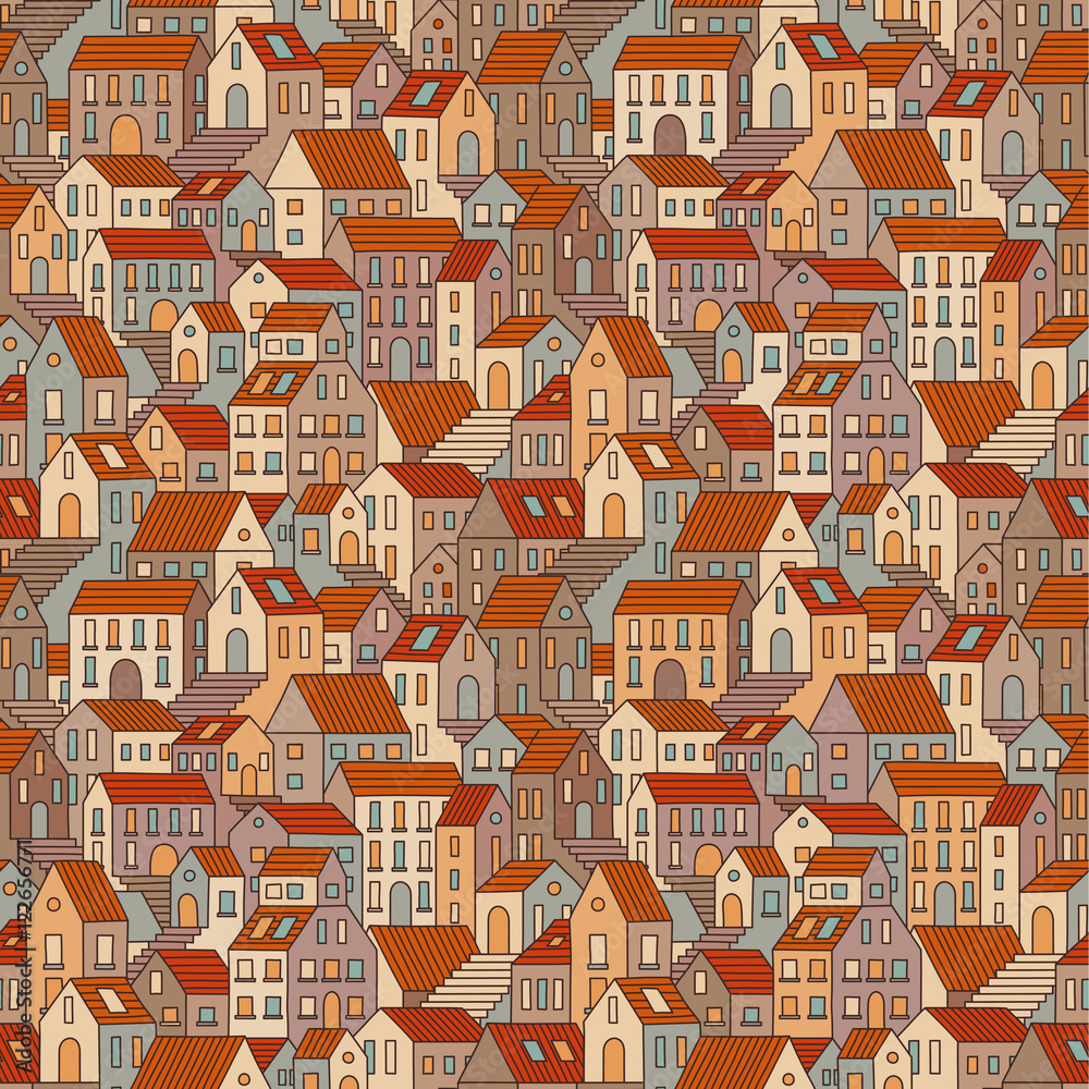 Hand drawn seamless pattern with town houses. Vector colorful background.