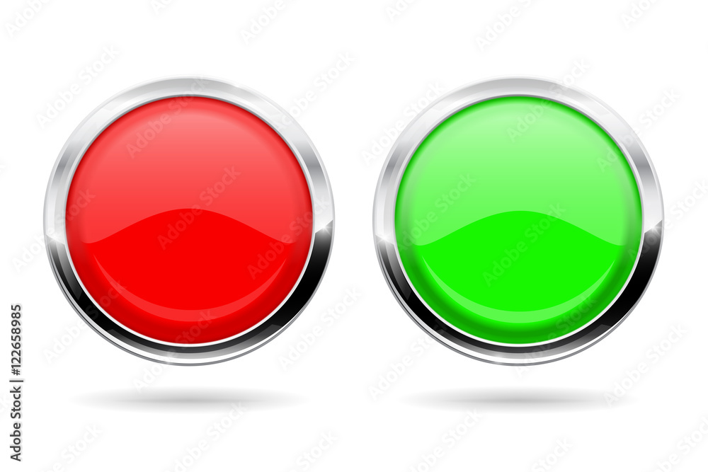 Green and red round buttons with chrome frame Green and red round buttons with chrome frame