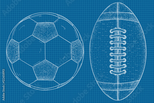 Soccer and football balls. Hand drawn sketch