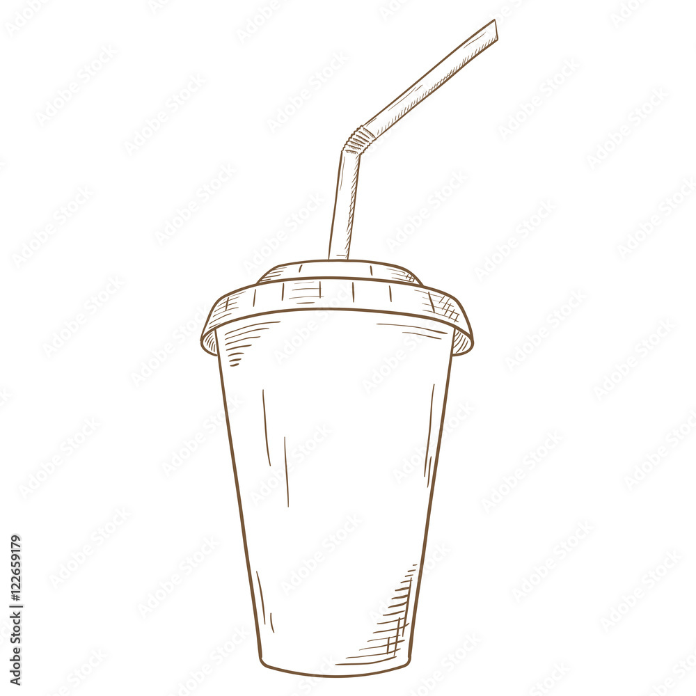 Paper cup with lid and drinking straw. Hand drawn sketch Stock Vector ...