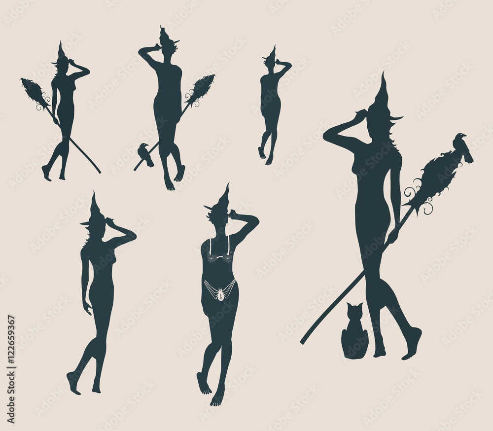 Fototapeta premium Vector illustration of standing young witches icons set. Witches silhouettes collection. Halloween relative image