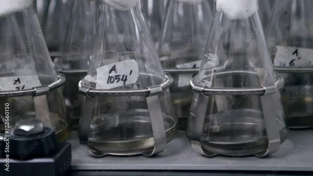 Lab bottles shaking liquid tissue microbial culture at shaker, incubator