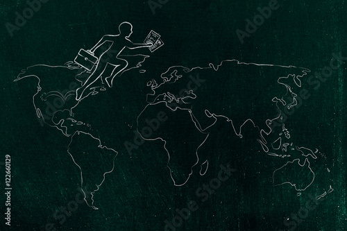 business man jumpying across continents on map of the world