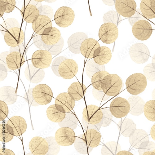 Branches with round leaves. Watercolor background. Seamless pattern 12