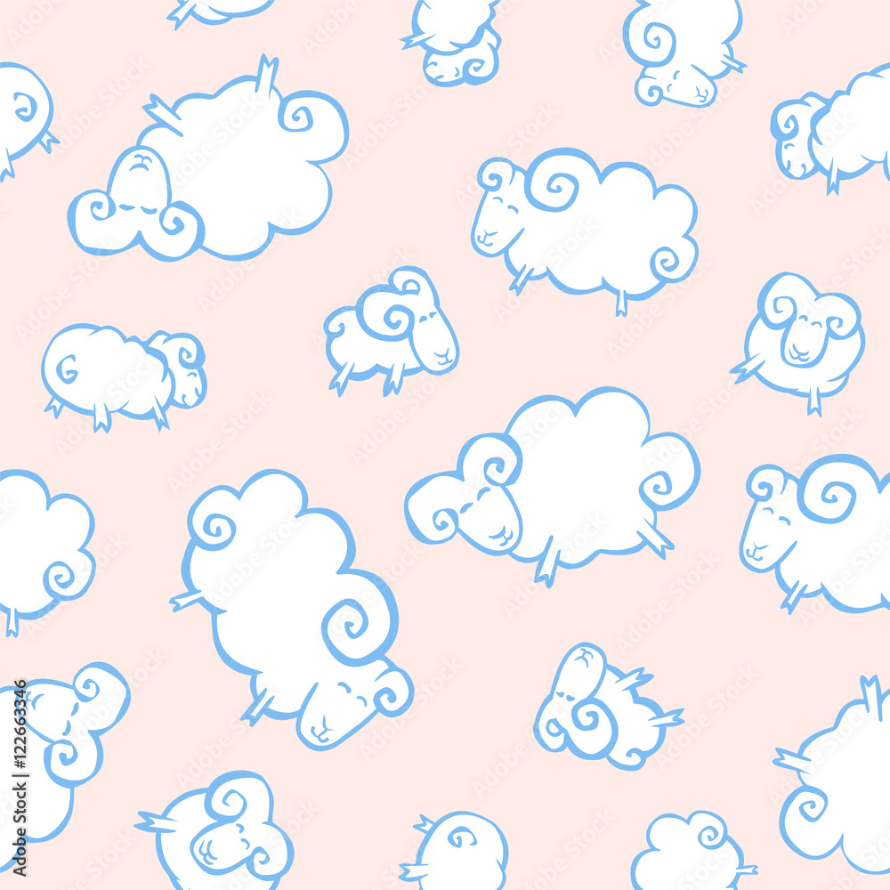 Seamless baby pattern - white sheeps like clouds on a pink backg Seamless baby pattern - white sheeps like clouds on a pink backg
