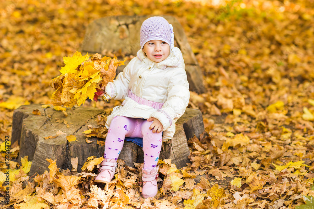 Little baby girl with autumn leaves in the park Little baby girl with autumn leaves in the park