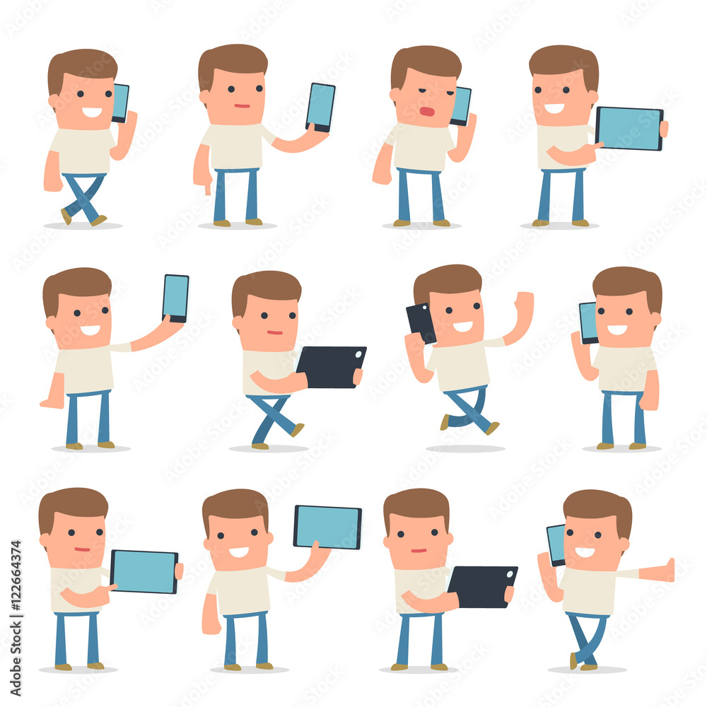 Set of Smart and Funny Character Customer holding mobile phone Set of Smart and Funny Character Customer holding mobile phone