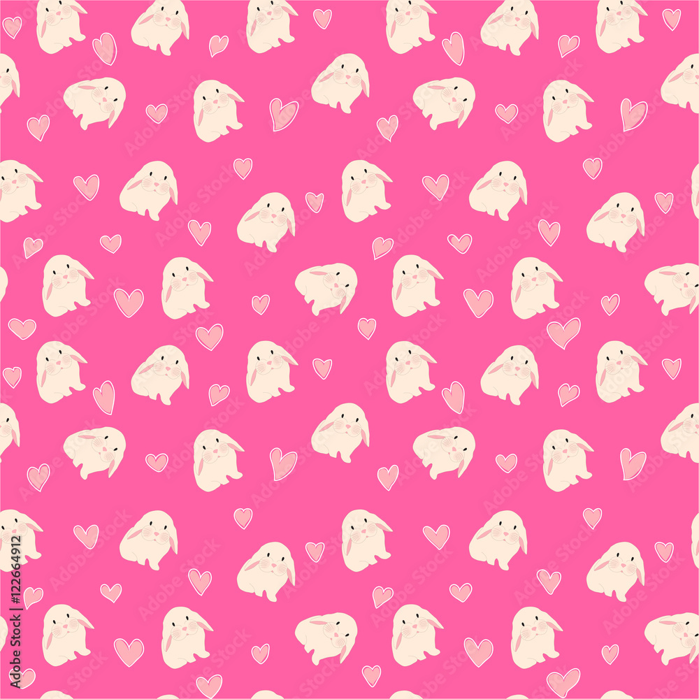 cute rabbit and hearts illustration, seamless pattern on pink background cute rabbit and hearts illustration, seamless pattern on pink background