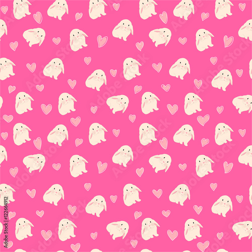 cute rabbit and hearts illustration, seamless pattern on pink background