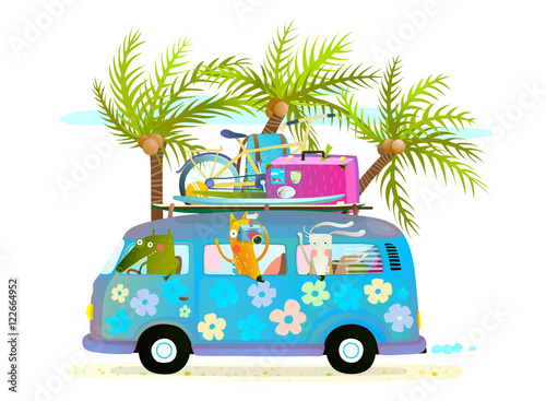 Holiday summer bus with beach tropical vacation tourists baby animals and palms © Popmarleo