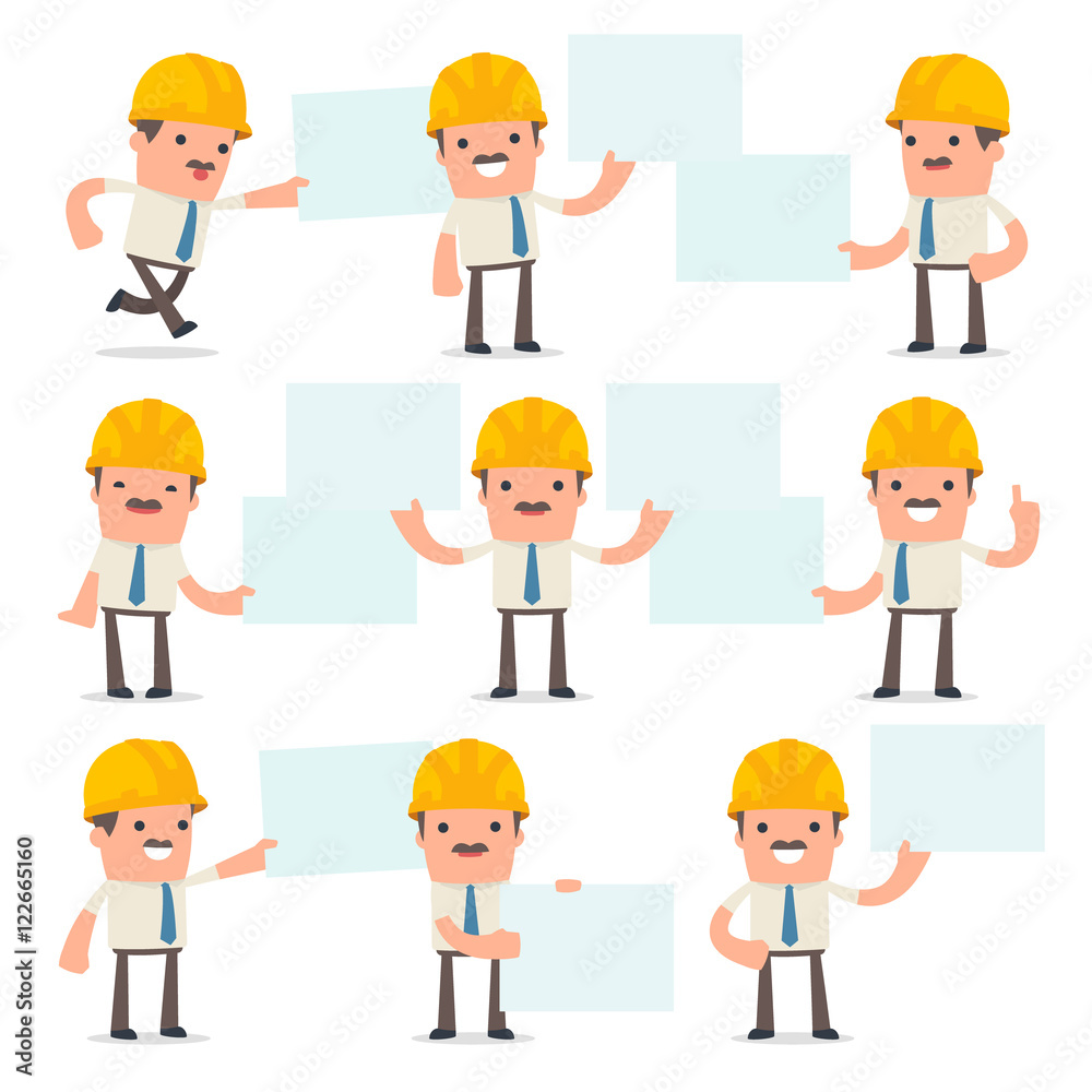 Set of Funny and Cheerful Character Foreman holds and interacts Set of Funny and Cheerful Character Foreman holds and interacts