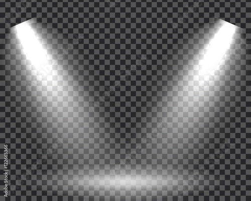 Scene illumination effects on checkered transparent background with bright lighting of spotlights
