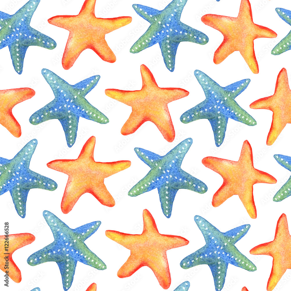 Seamless watercolor pattern with marine starfishes. Can be used for fabric, wallpaper, background Seamless watercolor pattern with marine starfishes. Can be used for fabric, wallpaper, background