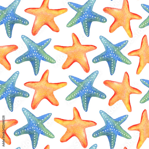 Seamless watercolor pattern with marine starfishes. Can be used for fabric, wallpaper, background