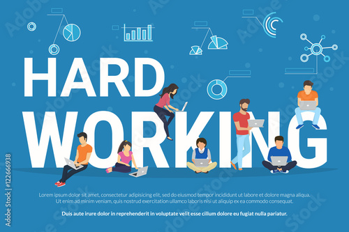 Hard working concept illustration of young people using gadgets such as laptop, tablet pc and smartphone for hard developing the project. Flat design of business background with infographic symbols
