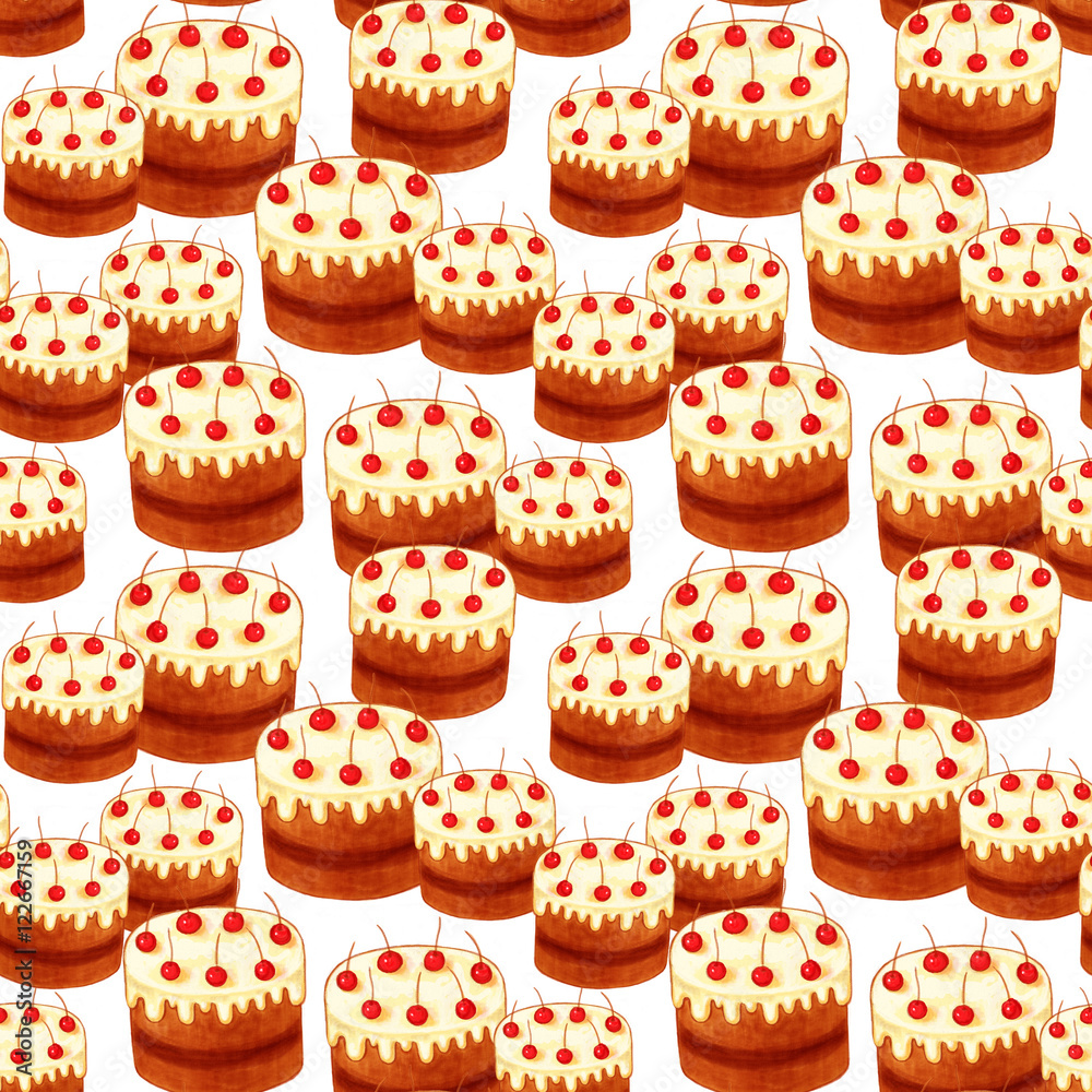 Bright chocolate cake pattern with cherries. Seamless. Bright chocolate cake pattern with cherries. Seamless.