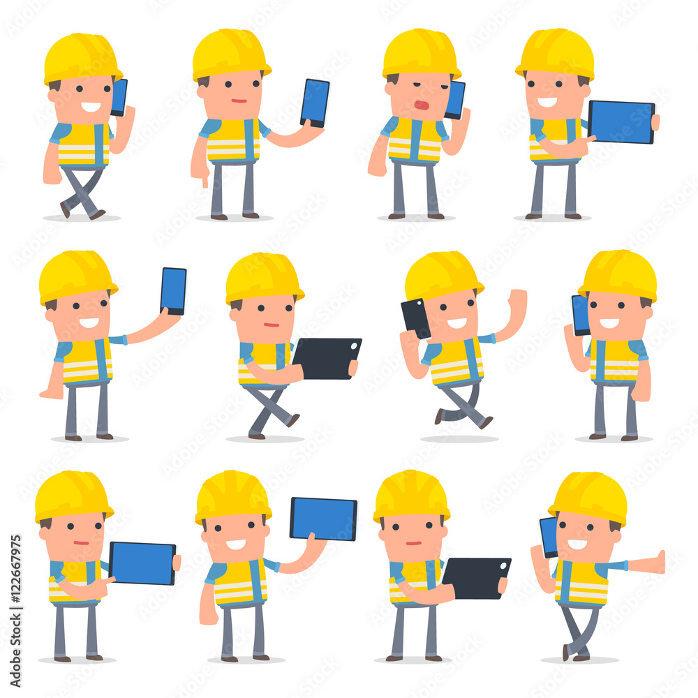 Set of Smart and Funny Character Smart Builder holding mobile ph Set of Smart and Funny Character Smart Builder holding mobile ph