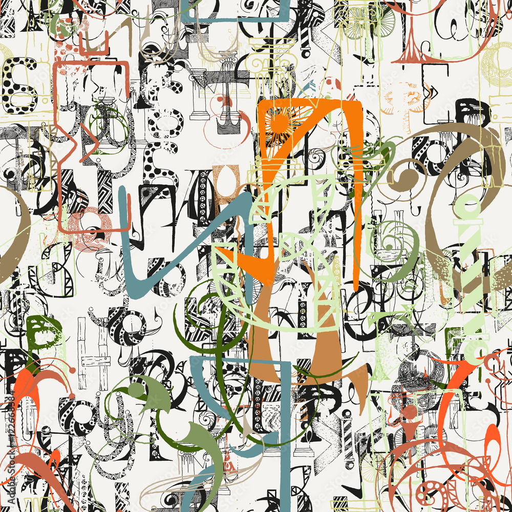 Fototapeta premium Seamless grunge doodle background. Hand drawn abstract letters.