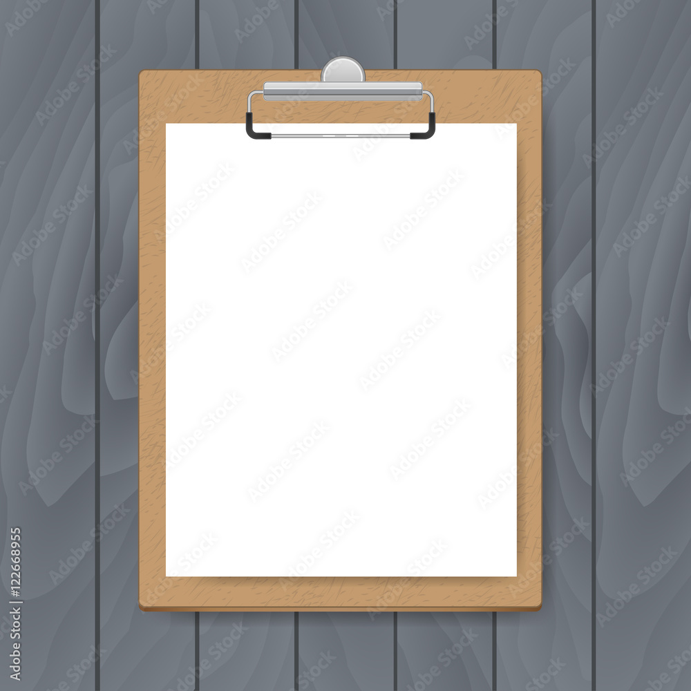 Clipboard with white paper on grey wood background. Mockup Vector template for design Clipboard with white paper on grey wood background. Mockup Vector template for design