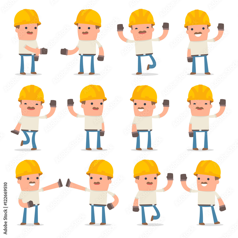 Set of Funny and Cheerful Character Handyman welcomes poses