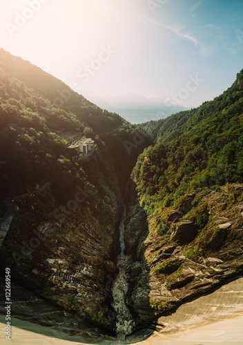 Panoramic view of the Dam of Contra Verzasca Ticino, Switzerland. It is famous place for bungee jumping