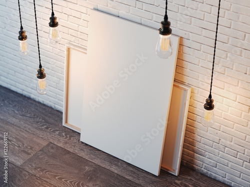Blank canvas with bulbs in modern loft interior. 3d rendering