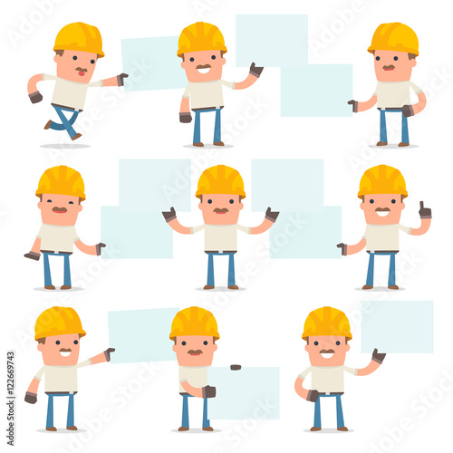 Set of Funny and Cheerful Character Handyman holds and interacts