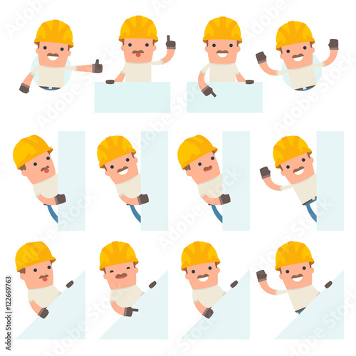 Set of Funny and Cheerful Character Handyman holds and interacts