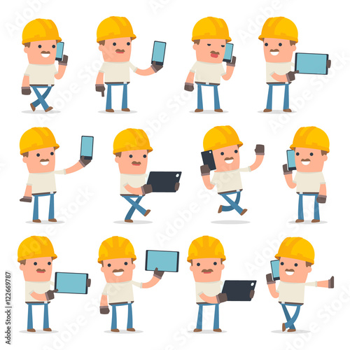 Set of Smart and Funny Character Handyman holding mobile phone