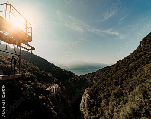 Dam of Contra Verzasca Ticino, Switzerland. The dam creates a water reservoir Lago di Vogorno. It is famous place for bungee jumping and place where some scenes of James Bond movie was taken place.