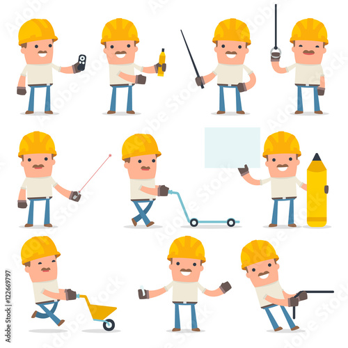 Set of Happy and Intelligent Character Handyman making presentat