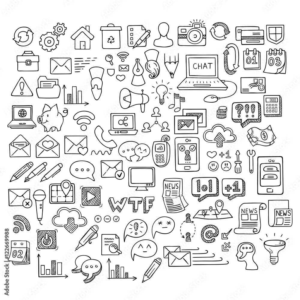 Set of Universal Doodle Icons. Variety of Topics.