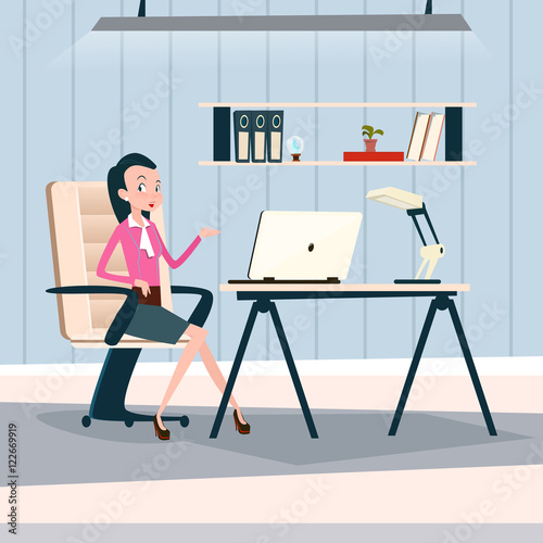 Business Woman Sitting Desk Working Laptop Computer Businesswoman Office Flat Vector Illustration