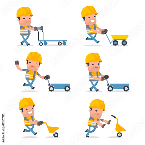 Set of Smart and Funny Character with cart, barrow, trolley for using in presentations, etc.