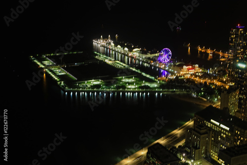 Aerial of Navy Pier in Chicago at night