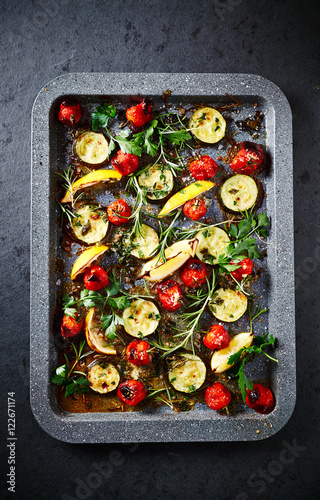 Autumnal oven-roasted vegetables with herbs