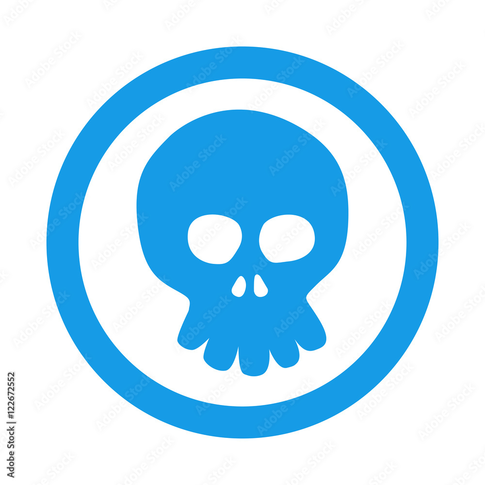 Icono plano caricatura de calavera frontal en circulo color azul Icono plano caricatura de calavera frontal en circulo color azul