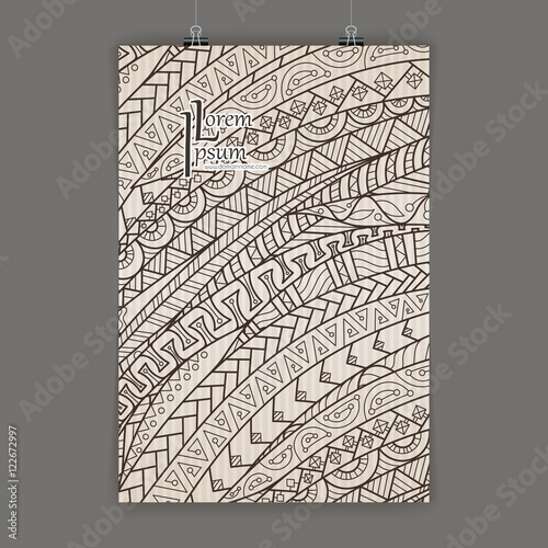 Stylish presentation of wall poster, magazine cover, design paper print template. Folder zentangle design content background or backdrop.