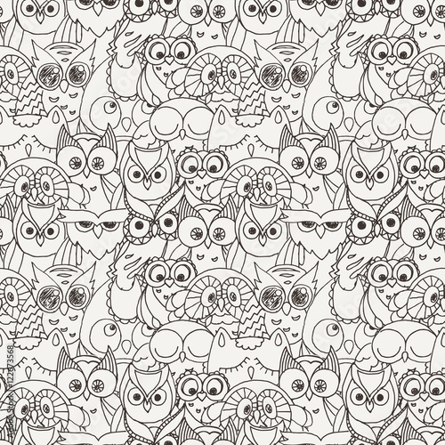 Seamless Pattern with Furry Doodle Owls. © Drekhann
