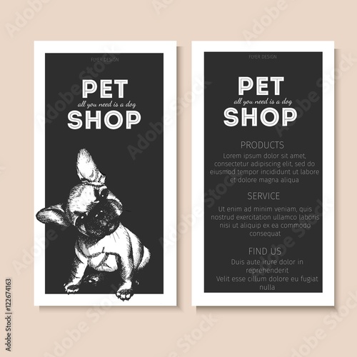 Vector set of pet shop flyers. Dog portrait isolated on black square text template. Black informational list.
