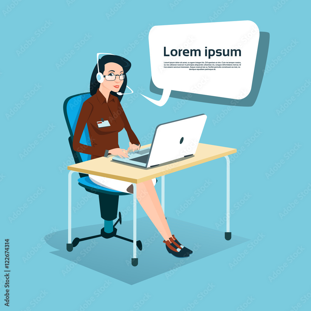 Business Woman Sitting Desk Office Working Laptop Computer Wear Headset Call Center Operator Business Woman Sitting Desk Office Working Laptop Computer Wear Headset Call Center Operator