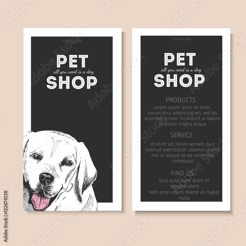 Vector set of pet shop flyers. Dog portrait isolated on black square text template. Black informational list.