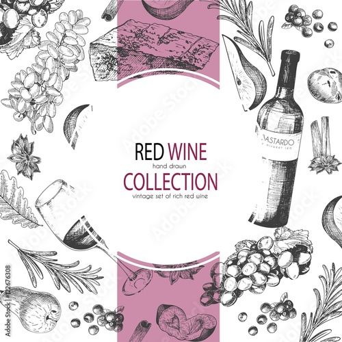 Vector hand drawn round template illustration of wine and appetizers. Bottle, glass, corcksrew, cheese, fruits ans cpices.