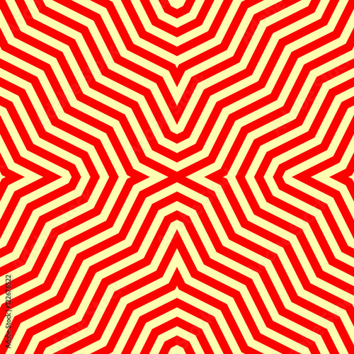Seamless pattern with symmetric ornament. Red abstract on yellow background. Psychedelic wallpaper. Lines motif. Vector