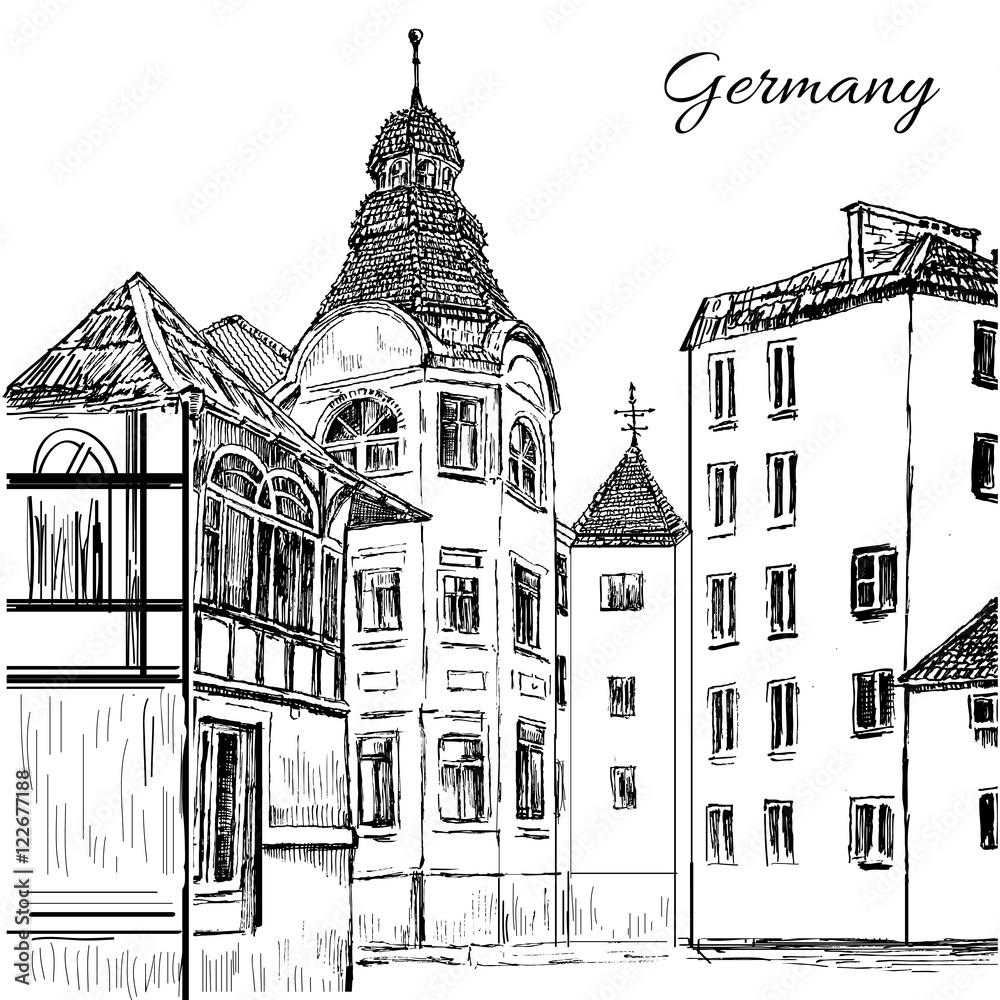 Old tile houses, Germany, Europe, Vector hand drawn illustration, ink engraved urban sketch isolated on white, Historical building line art, Vintage decorative postcard template with german manson