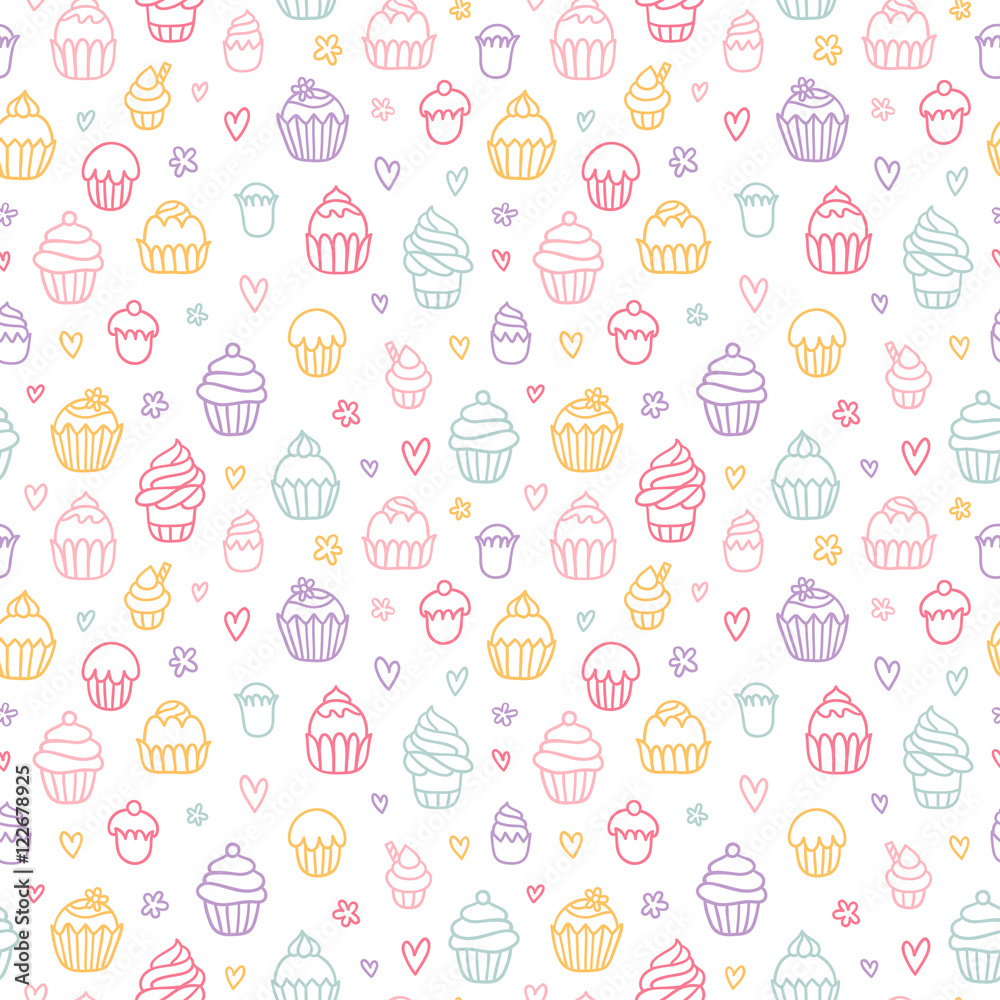 Cupcakes outlined colorful seamless pattern on white background