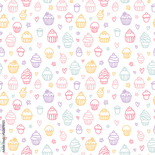 Cupcakes outlined colorful seamless pattern on white background