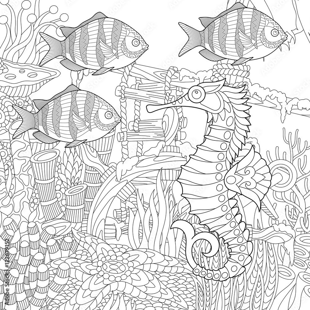 Fototapeta premium Stylized composition of tropical fish, seahorse, underwater seaweed, corals and starfish. Freehand sketch for adult anti stress coloring book page with doodle and zentangle elements.
