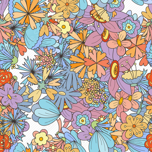 Doodle seamless pattern with various doodle flowers  leaves and branches.